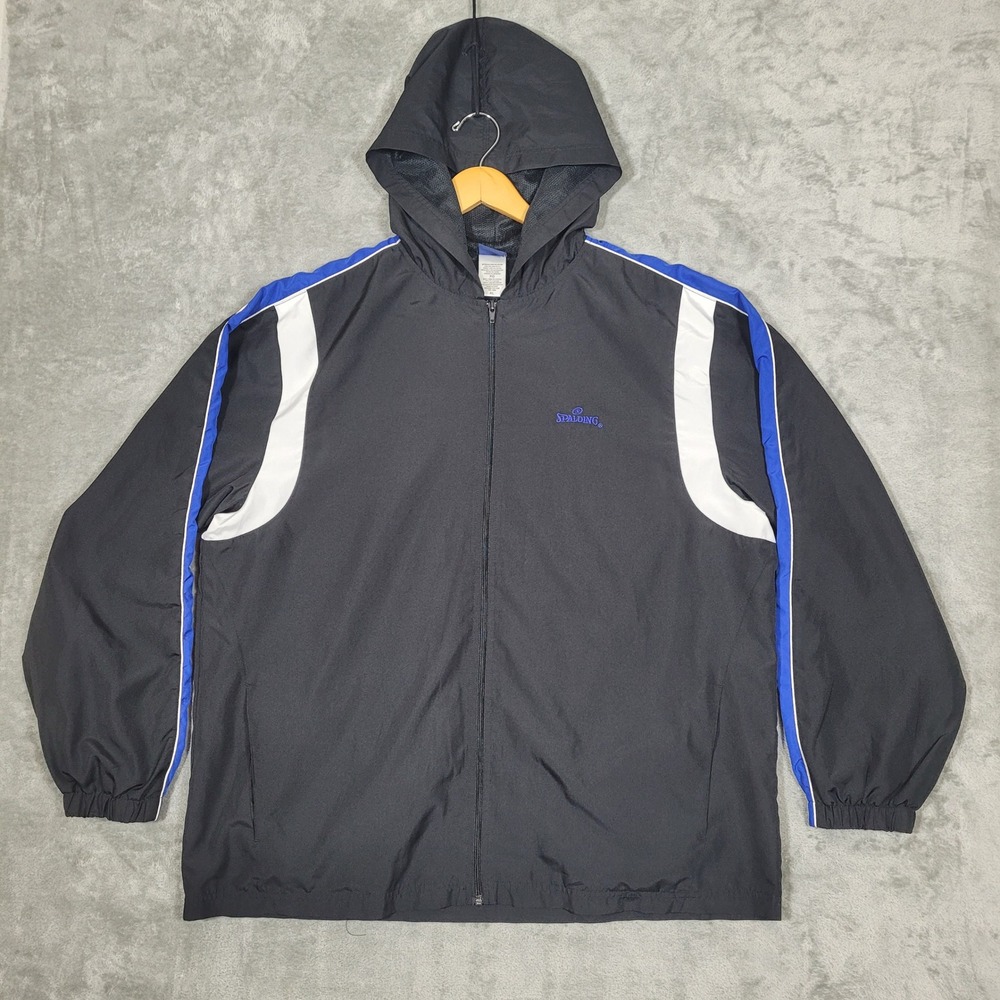 Spalding Mens XL Full Zip Hooded Jacket Black Blue White Athletic Sportswear